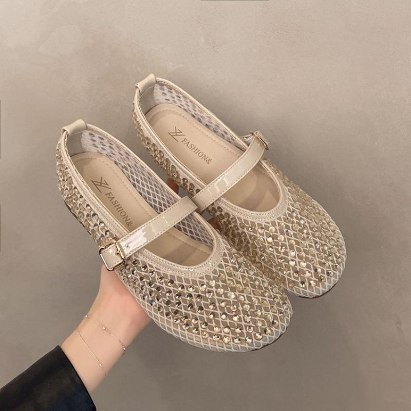 Mesh rhinestone breathable one-word buckle flat-bottomed Mary Jane shoes women's shallow mouth single shoes summer new niche ballet shoes