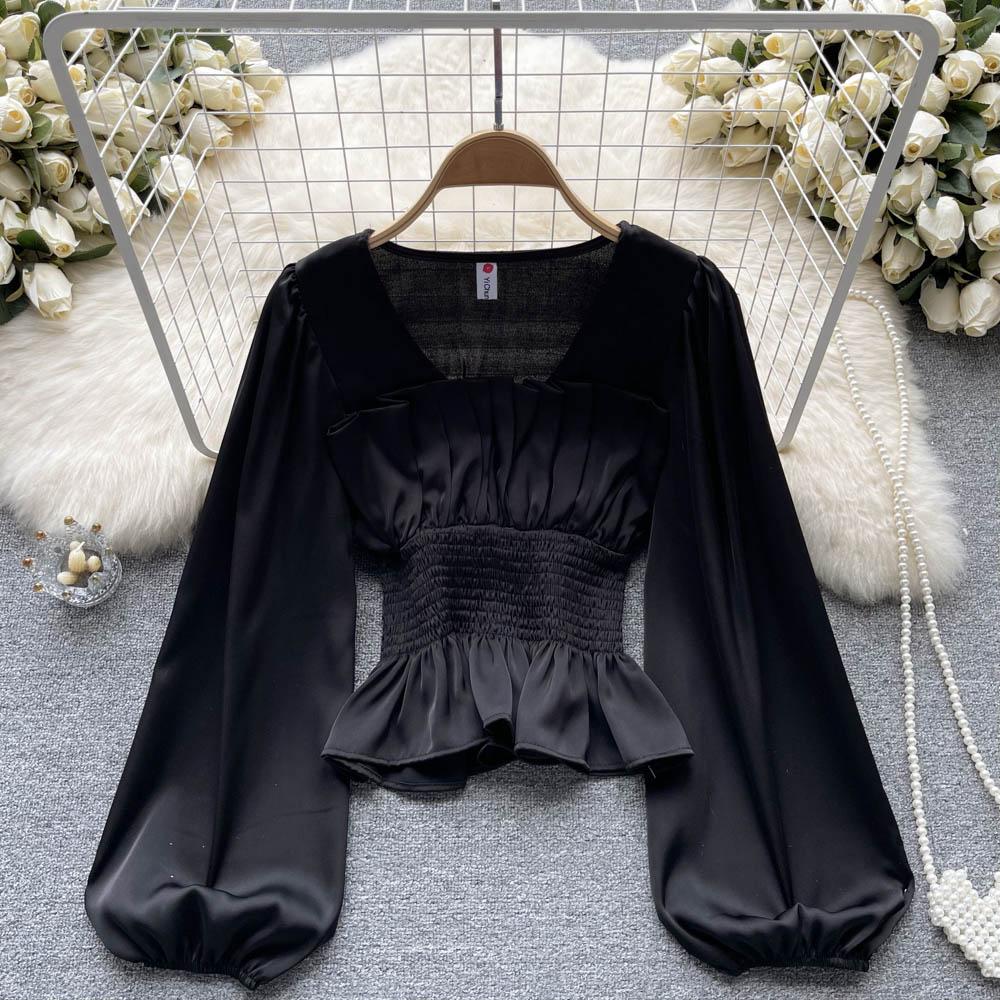 RUGOD Dámská podzimní košile s úzkým pasem a čtvercovým límcem, krásná košile s dlouhým rukávem