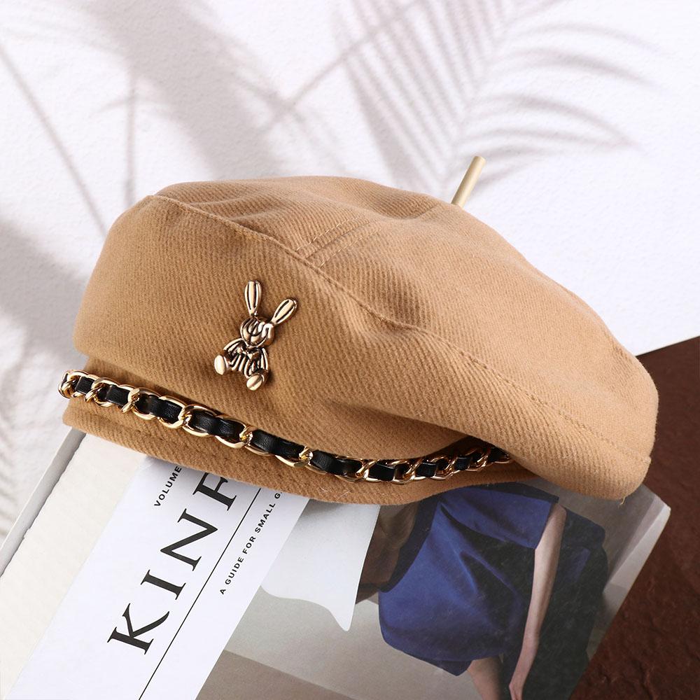 Pattern Polyester Metal Chain Korean Style Hat Winter Autumn Beret Fashion Painter Hat Women Beret