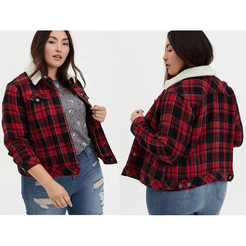 

100.00kg Plus size Fat M Women clothes Foreign Trade Export Europe and America Loose Red Plaid Fur Collar Short Outerwear Jacket Autumn clothes Picture Color 1