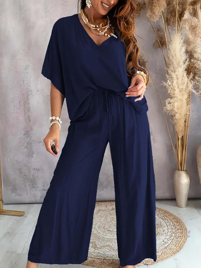 V-Neck Batwing Sleeve Casual Two-Piece Set with Wide-Leg Pants (2025) Women's Fashion