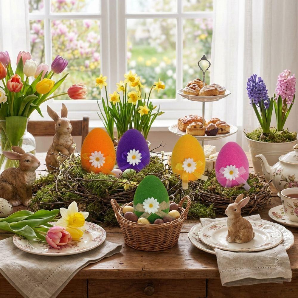 with Flower Bow Flocked Easter Eggs Colorful Easter Egg Ornaments  Spring Party Decor