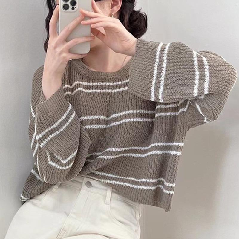 2025 Fashion Long Sleeve Stripes Pullover Sweater Women Loose Knitted Casual Thin Office Short Blouse Casual Simple Hollow Out O-neck Elegant Tops