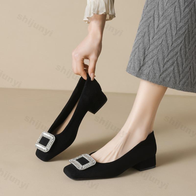 Women High Heels Elegant Diamond French Style Square Toe Comfort Soft Shallow Chunky Heel Shoes Classic Black Versatile Pumps