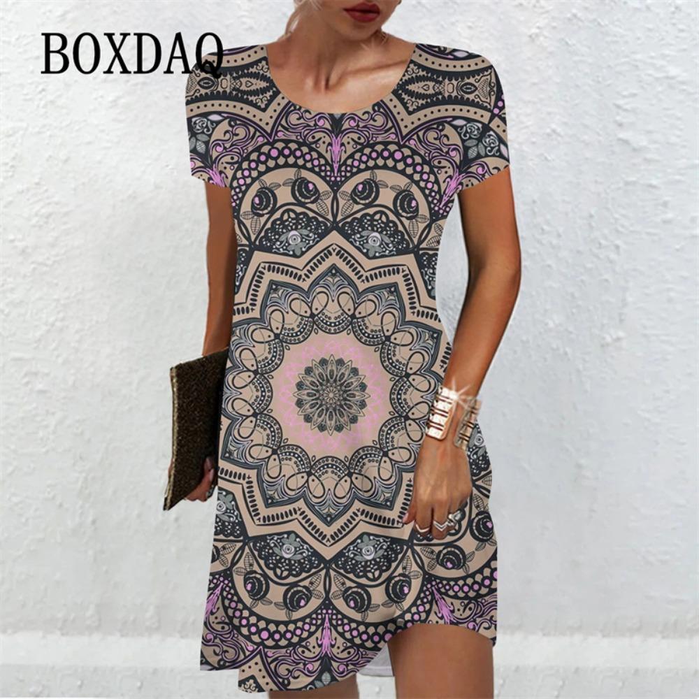 

New Summer Vintage Dress For Womens Short Sleeve O-Neck Loose A-Line Dress Casual 3D Floral Print Beach Party Dress Vestido S