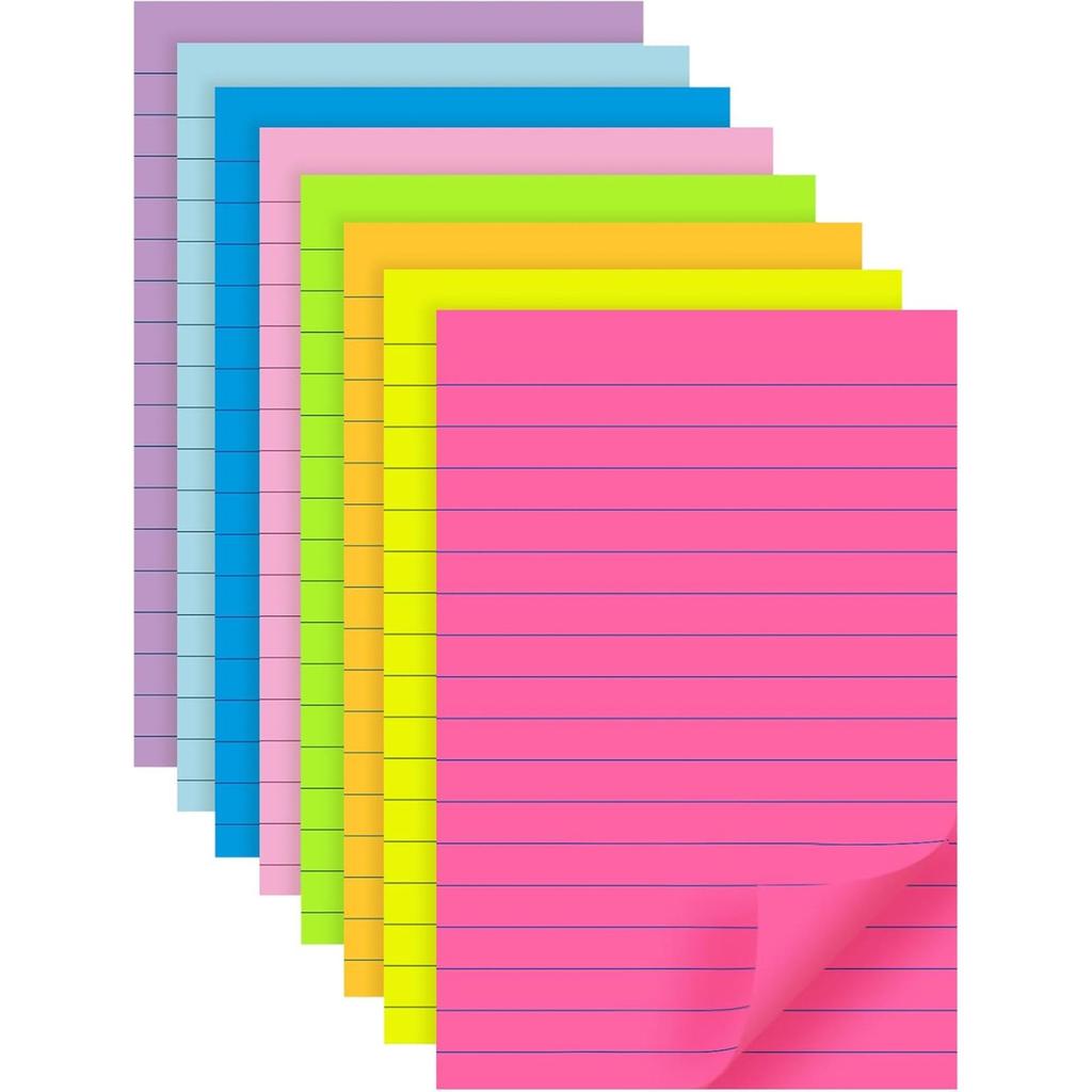 8-Color Fluorescent Sticky Note Pad, 10x15cm Lined Memo Stickers, Student Planner & Adhesive Note Book