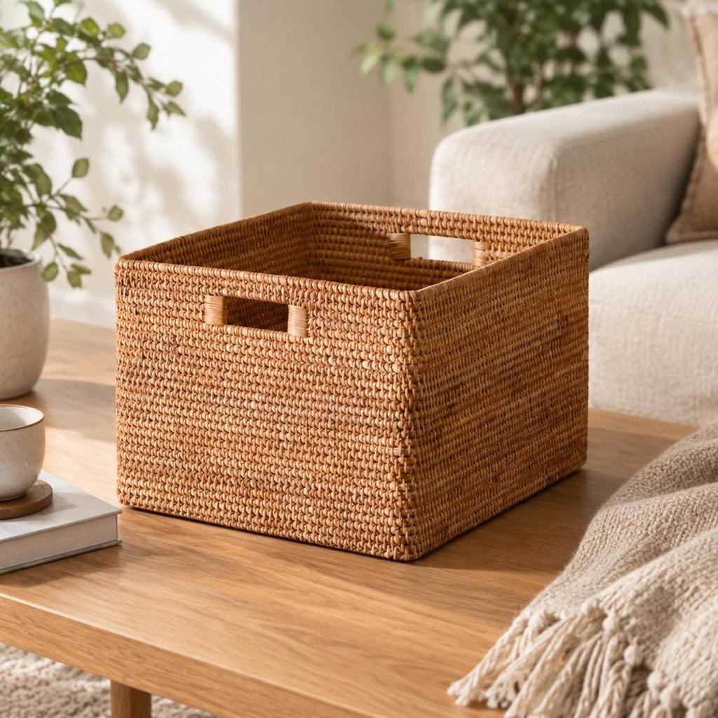 Rectangular Rattan Storage Basket with Handles Sturdy Handwoven