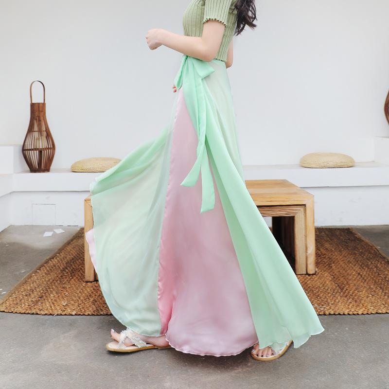 Two-Tone Satin Chiffon Lace-up Dance Midi Skirt for Women