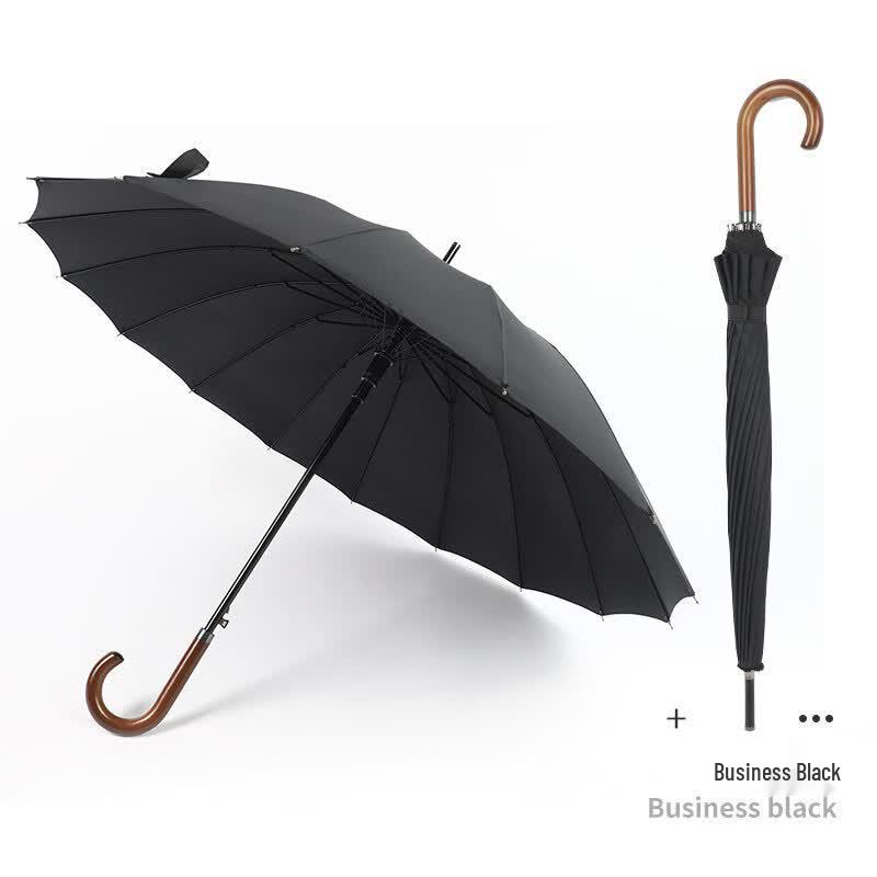 Yilan 16-Rib Automatic Business Straight Umbrella with Wooden Curved Handle