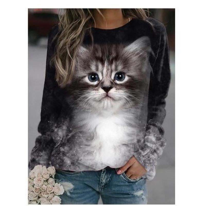 Höst 3D Katt Tryckta Sweatshirts Trendiga Casual Sport Långärmade Dam Sweatshirts