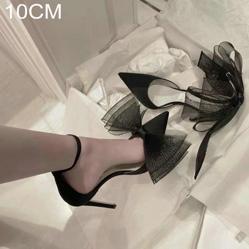 Fashion New One-Line Buckle Sandals Women'S Thin Heels With Bow Dinner Shoes Bun Head High Heels Pointed Shallow Mouth Single Shoes