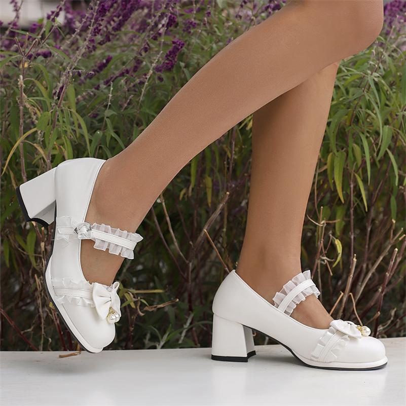Dámské Lolita Mary Janes Lodičky s kulatou špičkou Silný střední podpatek Spona Kawaii Mašlička Volánky Dámské Cosplay Boty Jaro Podzim 43