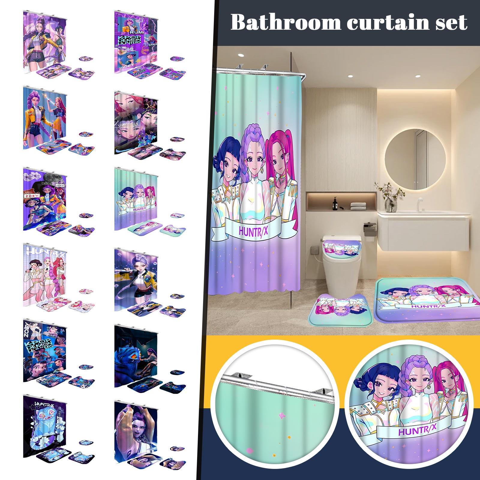 Character Print Bathroom Mat And Shower Curtain 4-Piece Set