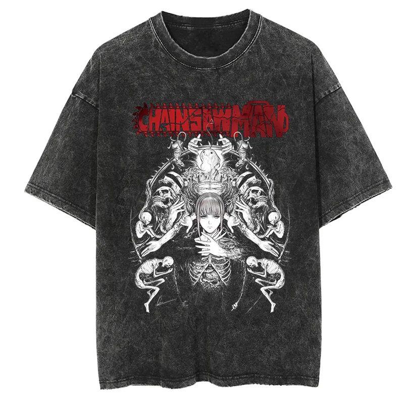 Nouveau T-shirt de haute qualité Chainsaw Man Anime pour hommes et femmes en coton avec impression lavée vintage Streetwear Rétro Hauts de Sport Fitness