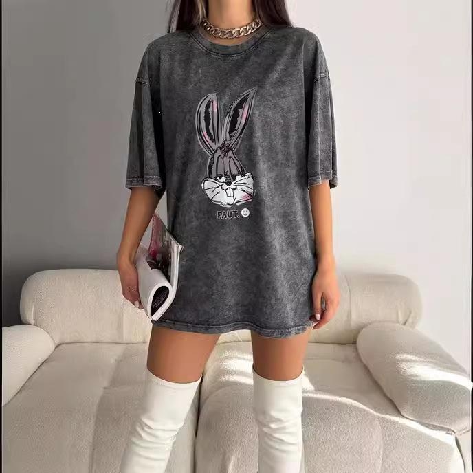 Washed short-sleeved printed t-shirt summer casual couple loose half-sleeved clothes M