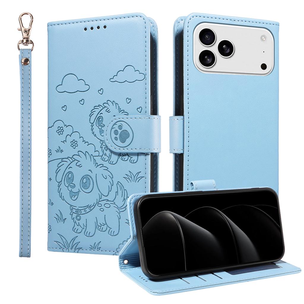 For iPhone 17 Pro Max Case RFID Blocking Imprinted Dog Pattern PU Leather Phone Cover with Wrist Strap