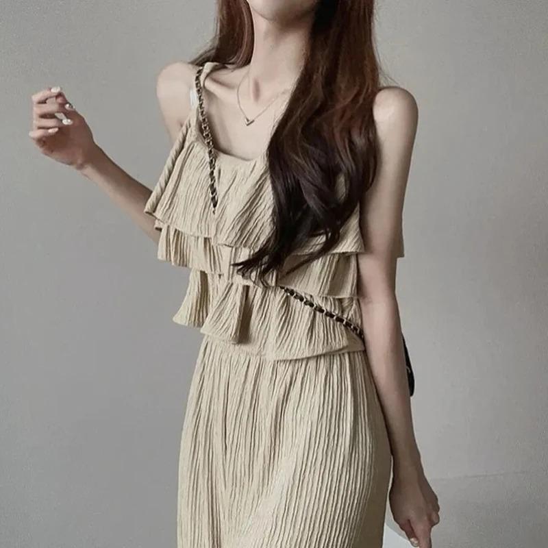 Casual Summer Solid Two Piece New Sets Women Sexy Flounce Tops + Loose High Waist Pants Female Chic Elegant Patchwork Party Beach Suits