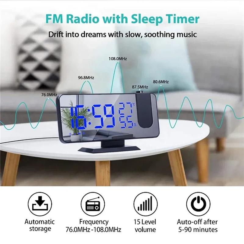 USB Powered LED Digital Projection Clock Mirrow Radio Temperature Humidity Brightness Adjustment Snooze Home Desktop Decoration