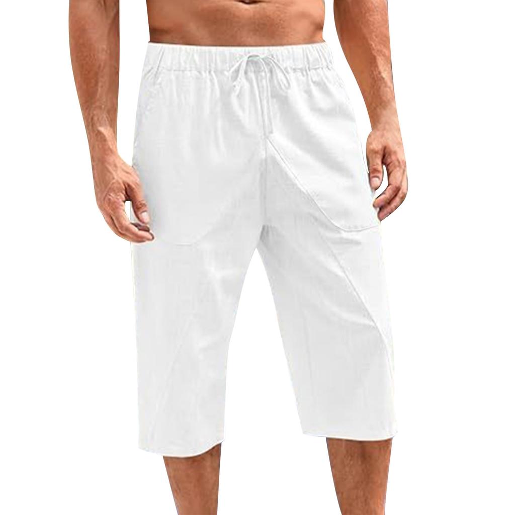 Pánské volné bavlněné a lněné kalhoty Plážové ležérní sportovní kalhoty Jednobarevné Sedmibodové šortky z bavlny a lnu
