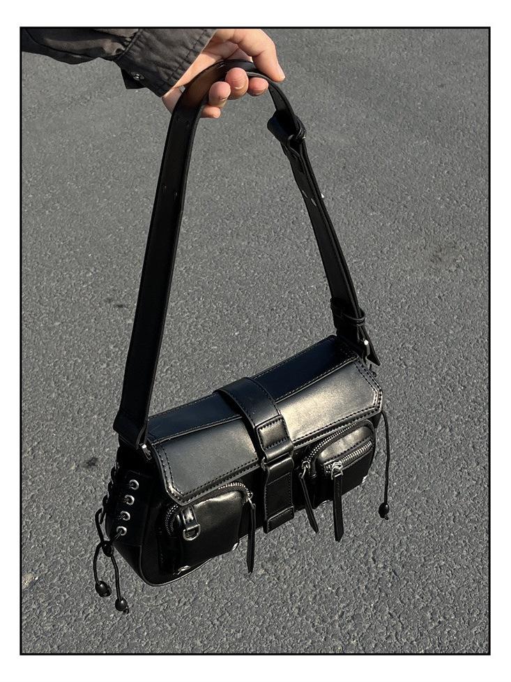 Vintage Pu Leather Black Women's Shoulder Bags Fashi Design Ladies Gothic Underarm Bag Y2k Cool Girls Female Tote Handbags