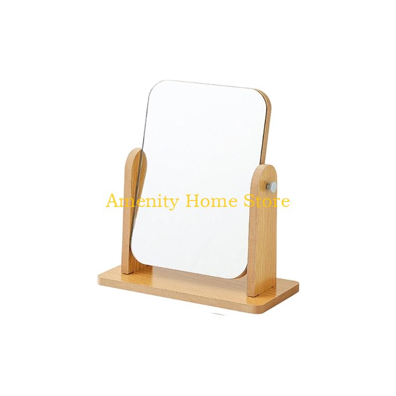 F26C Elegant Desk Makeup Mirror Cosmetic Mirror with Wooden Stand Vanity Mirror Rotatable Makeup Mirror Dormitory Room Decors
