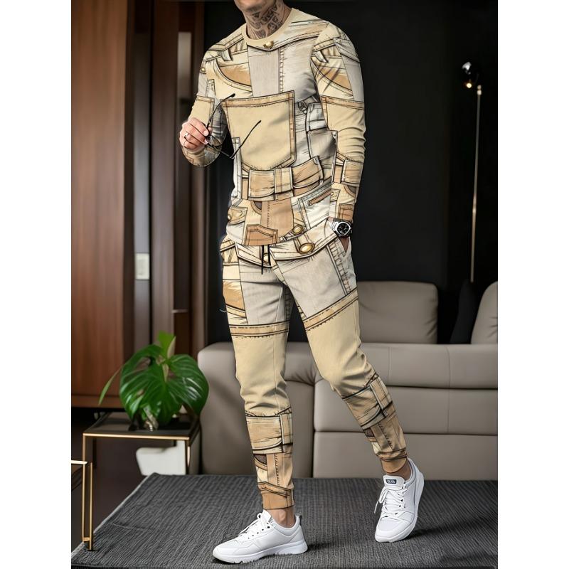 Men's imitation denim graphic print long-sleeved top + trousers casual men's suit pants trendy and fashionable matching