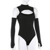 High Fashion Women’s Long-sleeved Bodysuit Solid Color Hollow Off-shoulder Half High Collar Jumpsuit