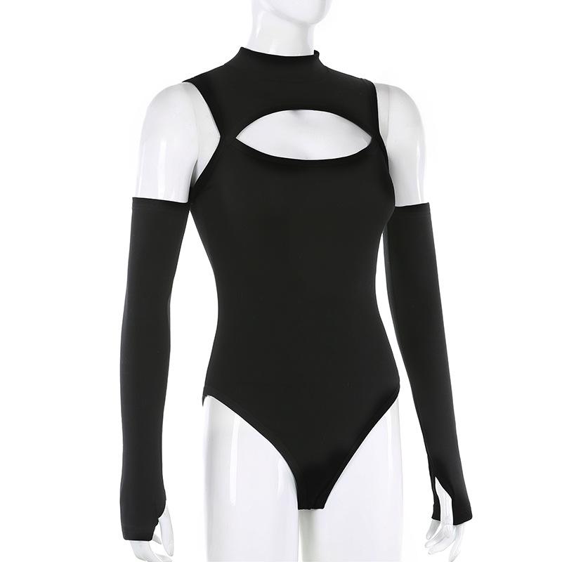 High Fashion Langermet Bodysuit for kvinner Ensfarget Hul Off-Soulder Jumpsuit med halv høy krage