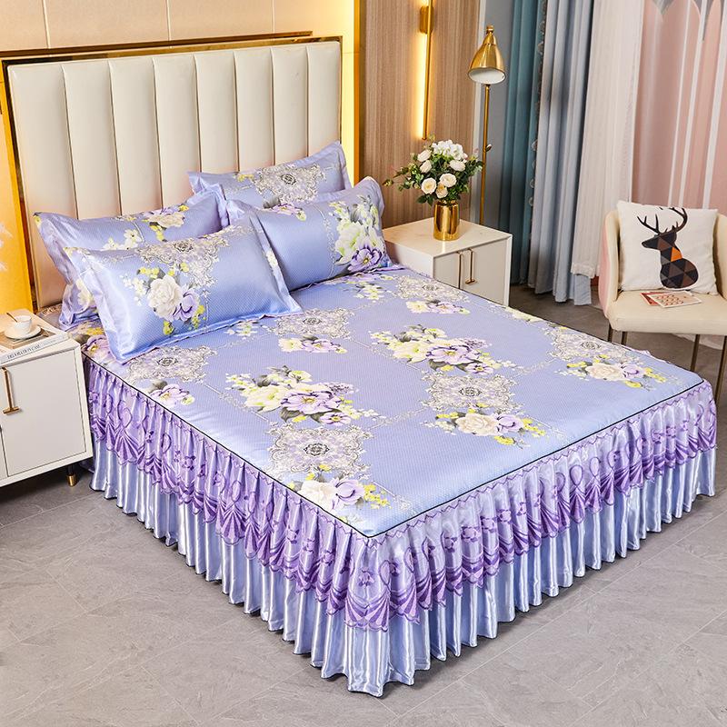 Summer Mat Viscose Fiber Mat Bed Skirt Three-Piece Set Household Double Summer Mat Machine Washable Fabric Cooling Mattress Soft Mat Bedspread