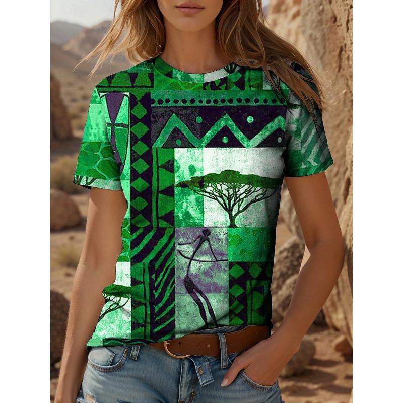 Women's T-Sleeve Geometric Color Matching Pattern Printing Bohemian Style Retro Ethnic Elements Short-Sleeved Women's Clothing
