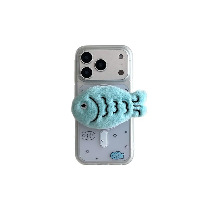 Korean Plush Fish Magnetic Stand iPhone Case for 14/15/16ProMax/17