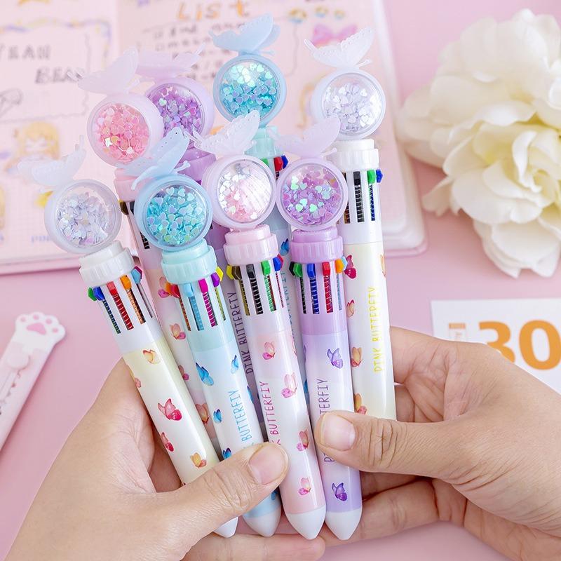 Cartoon Butterfly Ten Color Retractable Ballpoint Pen Multifunctional Student Stationery For Hand Account