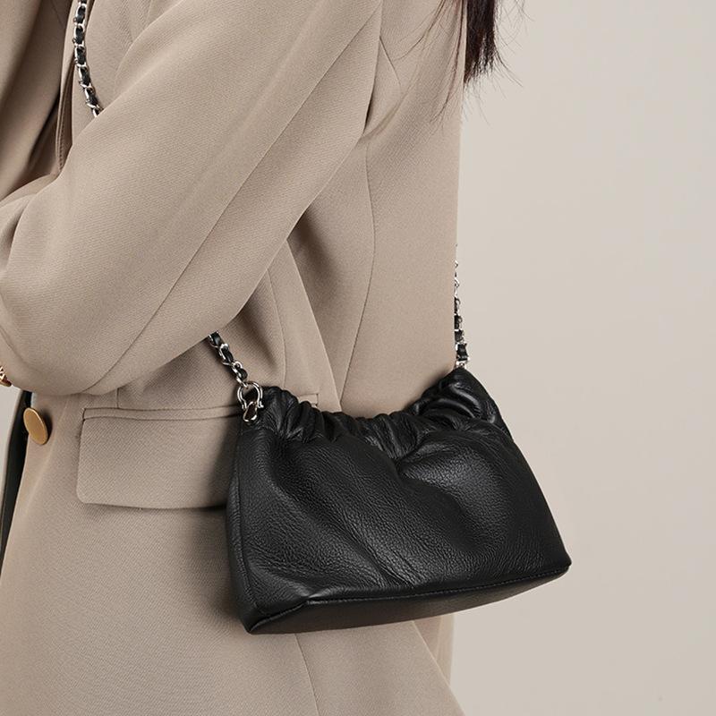 Genuine Leather Bag 2026 Popular Chain Armpit Bag Women's Cloud Pleated Bag Women's Bag Cowhide One-shoulder Crossbody Bag Gold Ball Chain