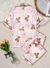 Girls Pajama Set, Cute Bear Print Short Sleeve Button Down Top & Shorts, Pink Sleepwear Loungewear for Kids 8-13 Years