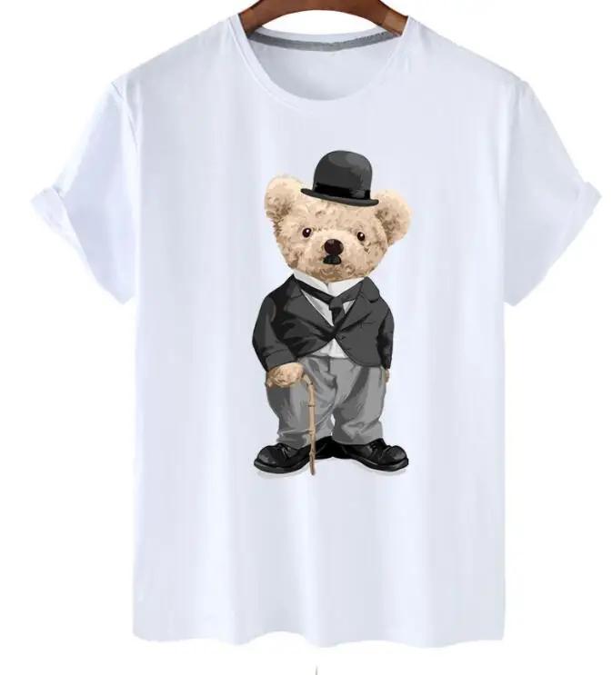 plus Size Trendy Teddy Bear Graphic Tee Casual Short-Sleeved T-Shirt Polyester Fabric Summer Top for Men