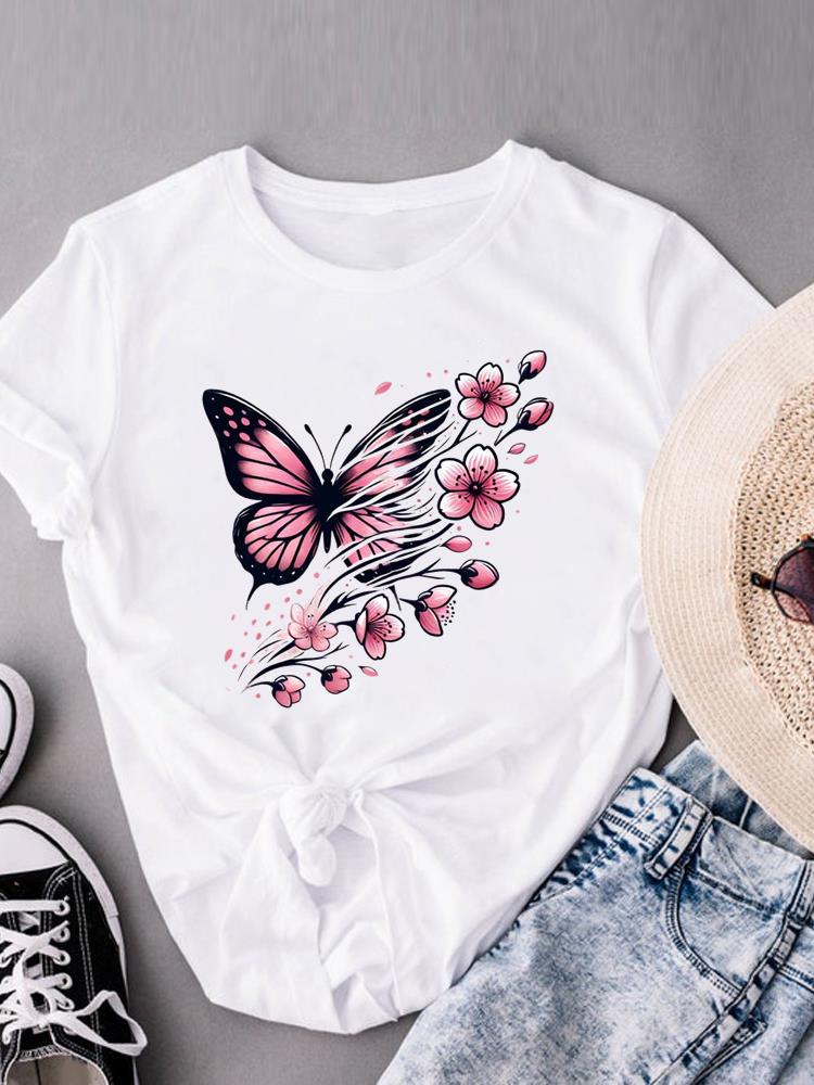 (Asian Size) Lovely Flower Trend Cute Women's Top Fashion T Clothing Print Female Casual  Short Sleeve T-shirts Graphic Tee