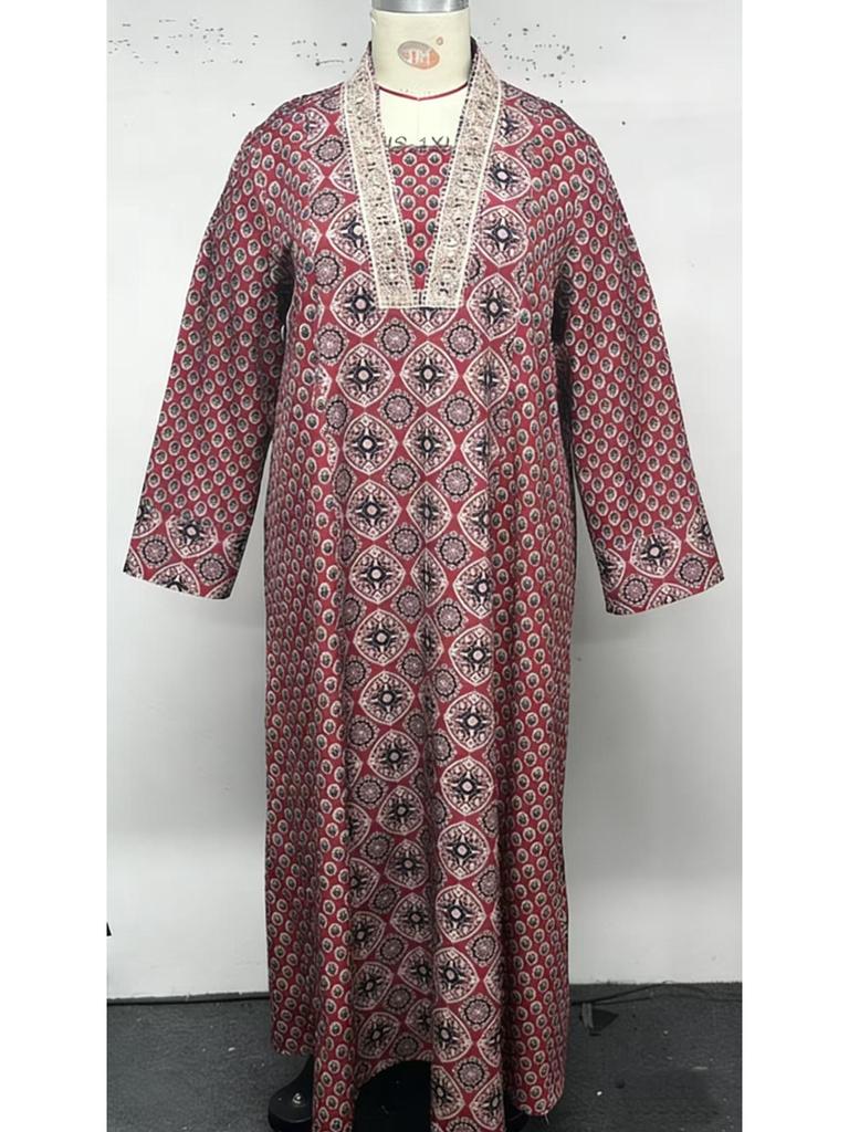 Middle Eastern Plus Size Red Floral V-Neck Long Dress with Retro Geometric Patterns and Elegant Ethnic Style