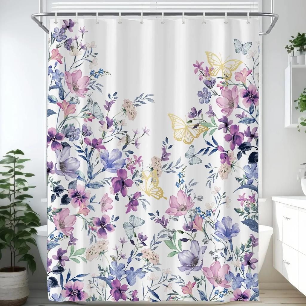 Rideau de Douche Fleur Aquarelle, Fleur de Prunier Vintage Plante Tropicale Feuille Verte Élégance Oiseau, Ensemble Décoration Salle de Bain Avec Crochets