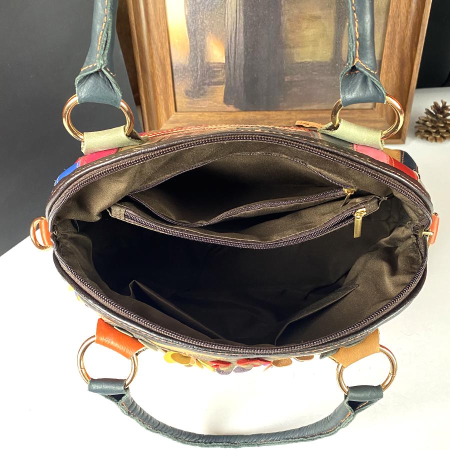 New Genuine Leather Cowhide Bag, Fashionable Floral Women'S Bag, Color-Blocking Hand-Held Crossbody Bag