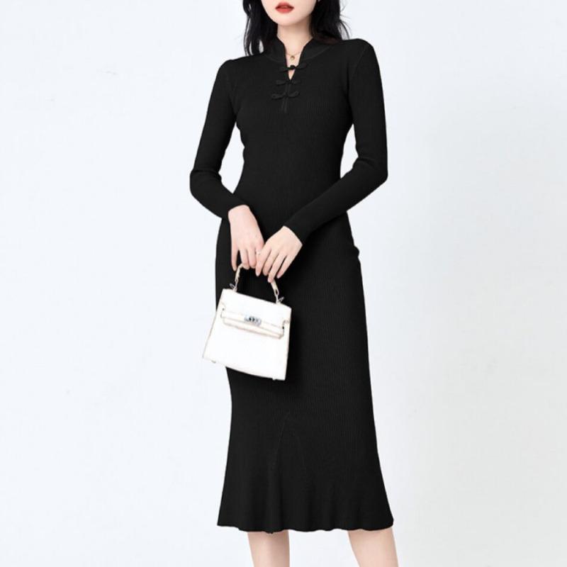 Damenmode Herbst Winter Einfarbiger Druck Langarm V-Ausschnitt Hohe Taille Freizeitkleider