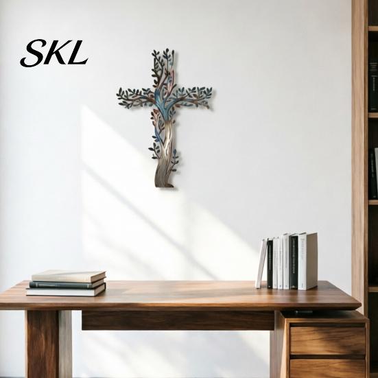 Layered Tree Wall Sculpture Metal Cross Art, of Life Hanging Crosses 3D Branch Art Decor, for Garden Living Room Bedroom Rustic Decoration