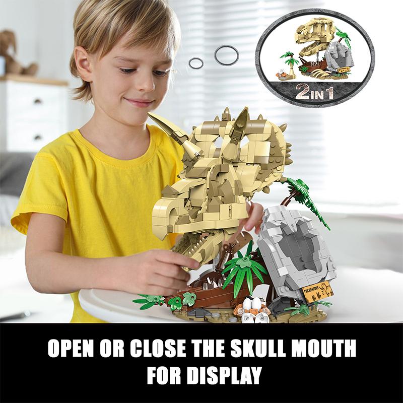 2-in-1 Dinosaur Fossil Skull Building Blocks DIY Animal Puzzle Assembly Educational Brick Toys Decoration Set For Adults Gifts