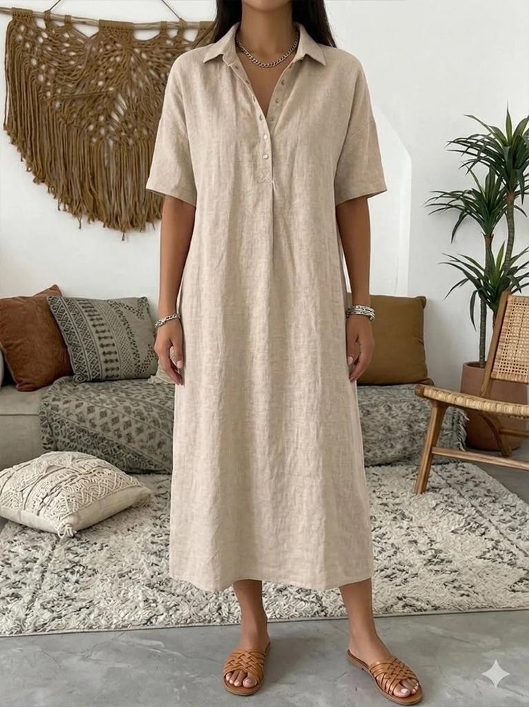 Women's Spring and Summer New Casual Straight Comfortable Polo Neck Linen Short Sleeve Dress