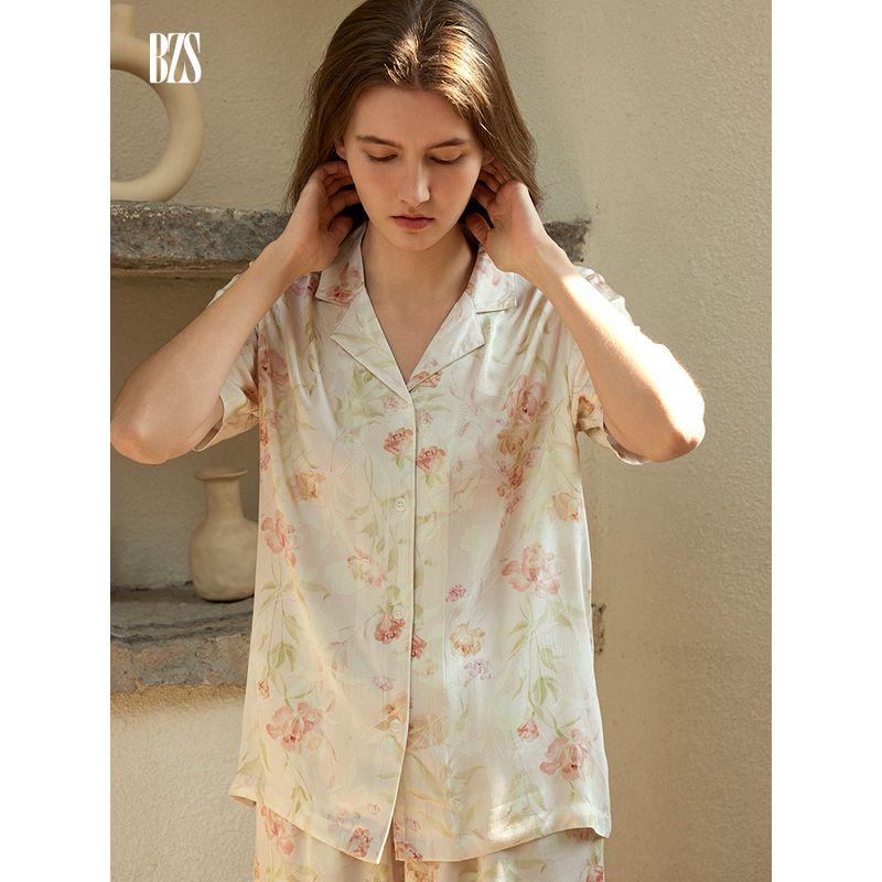 2024 New Arrival Rayon Satin Florals Print Short Sleeve Shorts Pajamas Suit Plaid Casual Suitable for Daily Wear Homewear