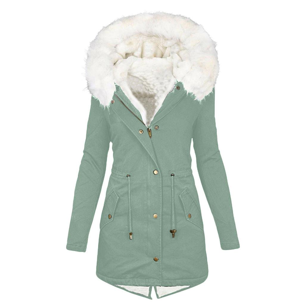 Women's Hooded Mid-Length Coat with Fur Collar and Waist Cinching - Plus Size, Thick, Cotton Padded for Autumn and Winter.