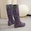 Large Size Tall Tube But Knee Metal Buckle Boots Autumn and Winter New Round Head Women's Boots