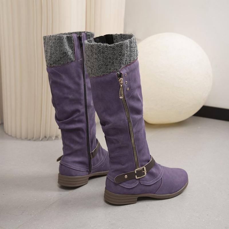 Large Size Tall Tube But Knee Metal Buckle Boots Autumn and Winter New Round Head Women's Boots