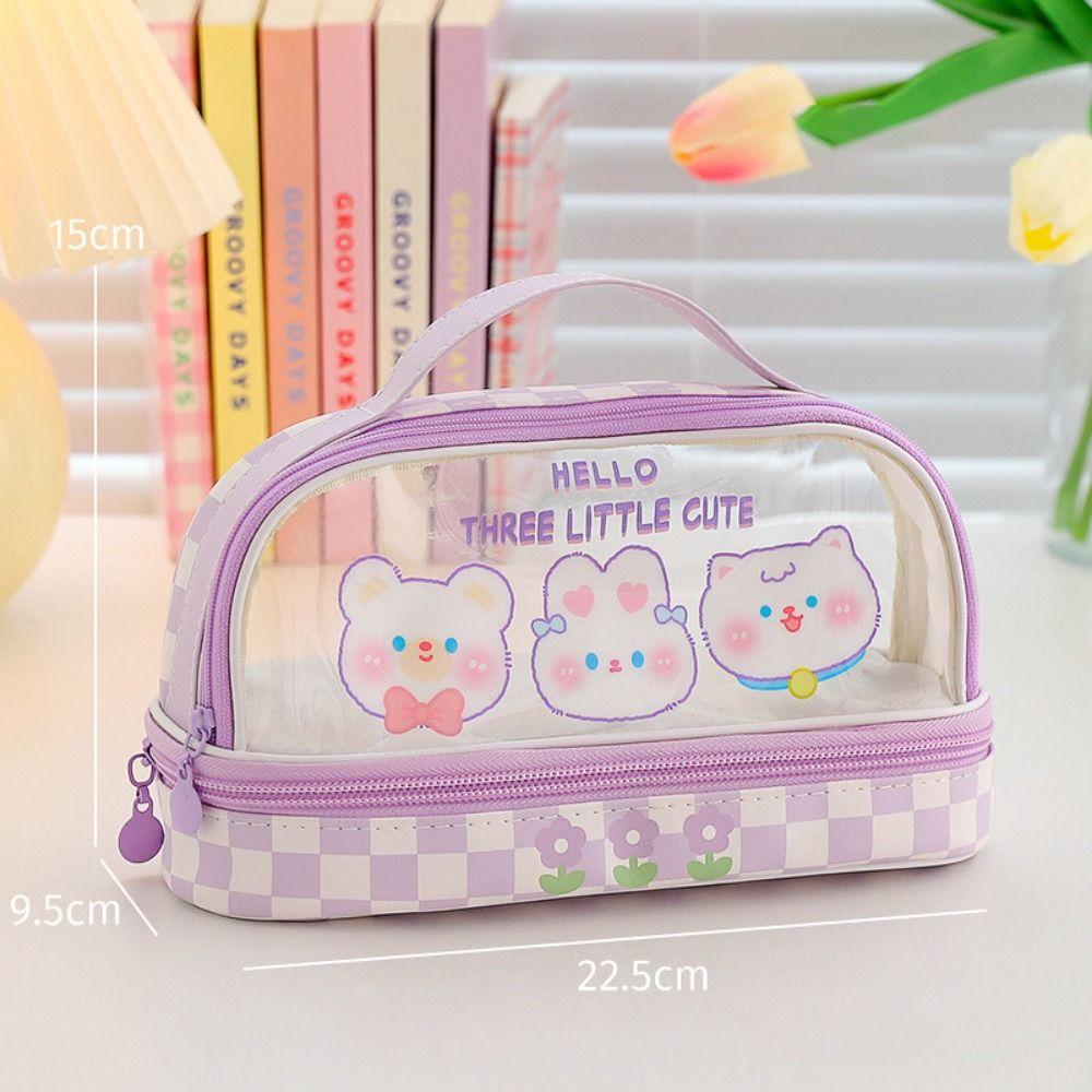 PVC Stationary Organizer Double Layer Pen Bag Portable Pencil Case