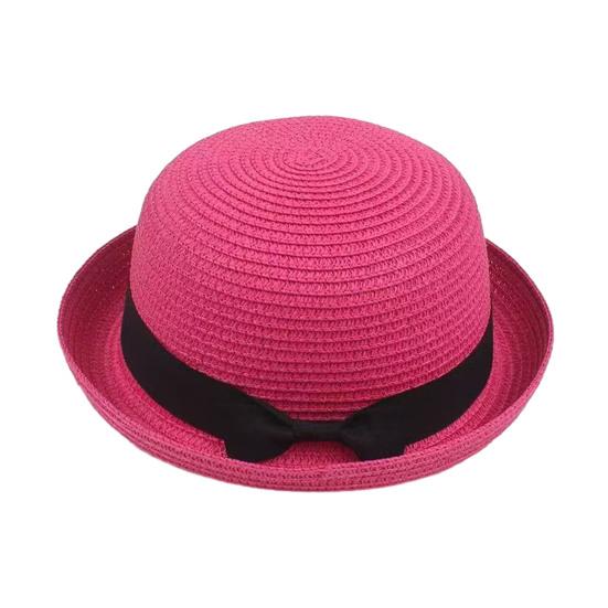 Parent-child Beach Hat Dome Curved Brim UV Protection Hat Handwoven Summer Outdoor Straw Hat with Black Satin Ribbon Bow