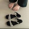 Fashion Versatile Temperament Slippers Rhinestone Square Head Thin Strap Thin Heel Sandals Women's Summer Temperament Slope Heel High Heel Cool Slippe
